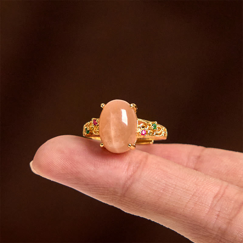 Foviel Hollow Vine Design Peach Moonstone Adjustable Happiness Ring