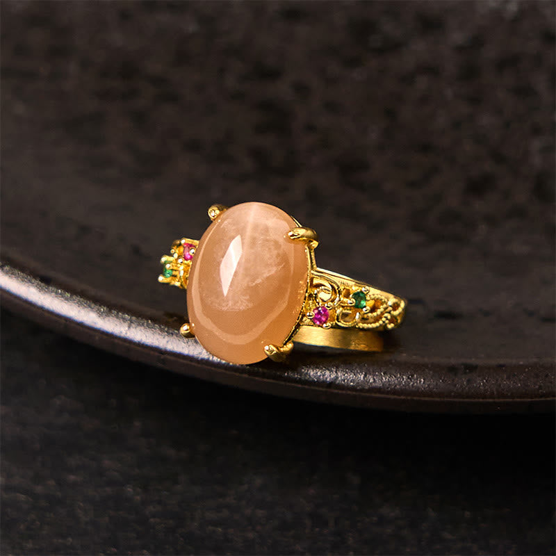 Foviel Hollow Vine Design Peach Moonstone Adjustable Happiness Ring
