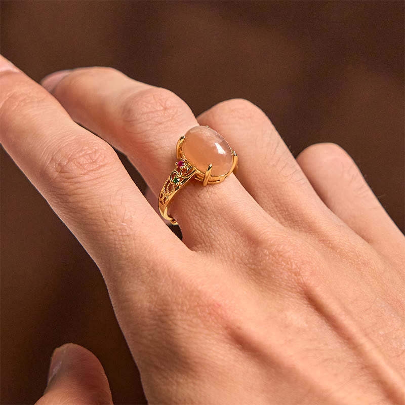 Foviel Hollow Vine Design Peach Moonstone Adjustable Happiness Ring