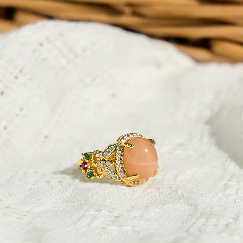 Foviel Vintage Prong Setting Four Leaf Flower Design Peach Moonstone Adjustable Soothing Ring