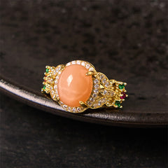 Foviel Vintage Prong Setting Four Leaf Flower Design Peach Moonstone Adjustable Soothing Ring