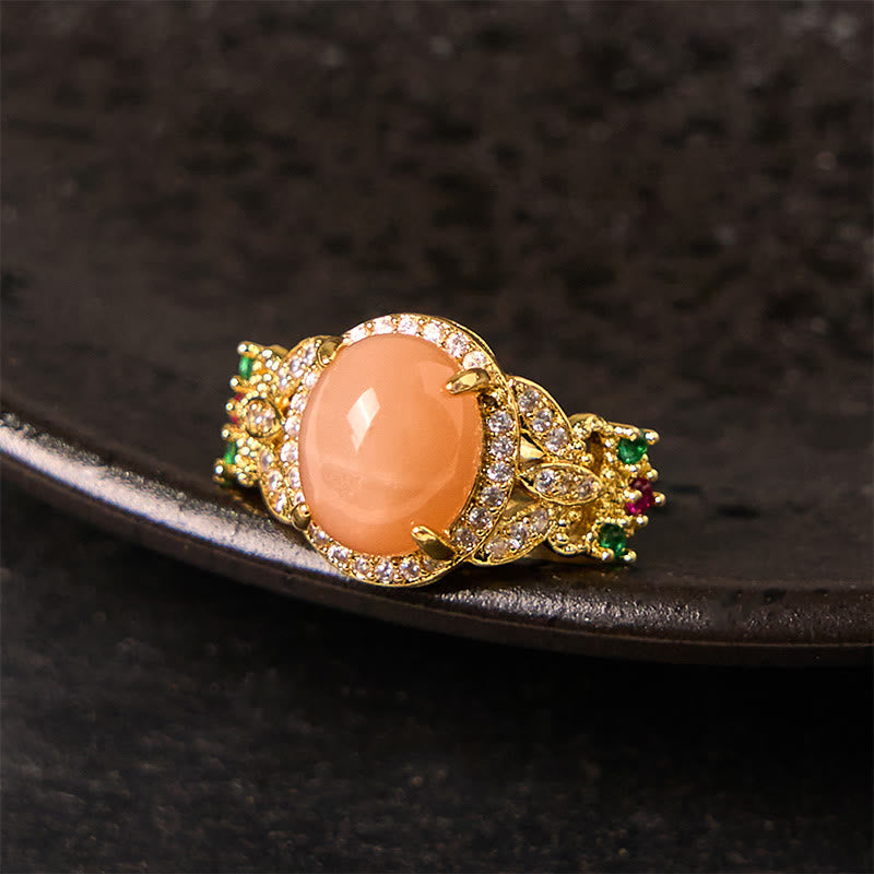 Foviel Vintage Prong Setting Four Leaf Flower Design Peach Moonstone Adjustable Soothing Ring