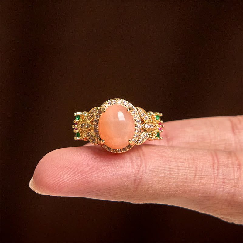 Foviel Vintage Prong Setting Four Leaf Flower Design Peach Moonstone Adjustable Soothing Ring