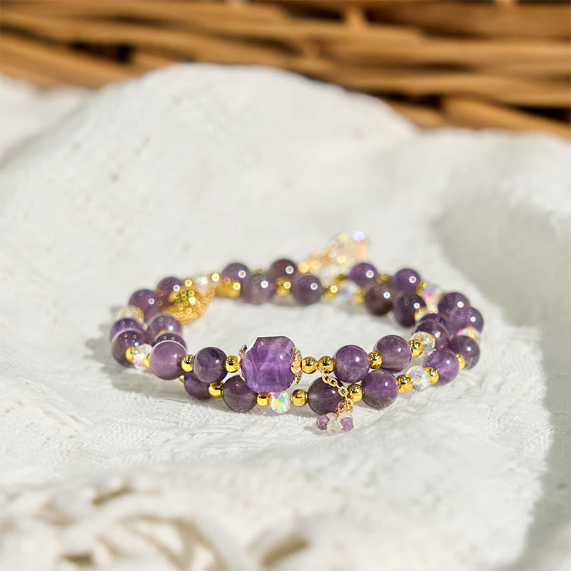 Foviel Natürliche Amethyst Square Perle Meditation spirituell Doppel Wrap Armband