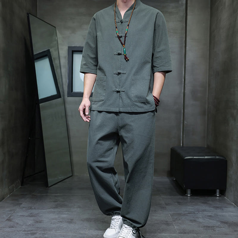 Foviel 2St Tang Anzug Frog-Button Design Hemd Hose mit Taschen Herren Baumwolle Bettwäsche Meditation Tuch Set