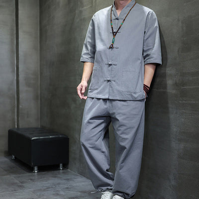 Foviel 2St Tang Anzug Frog-Button Design Hemd Hose mit Taschen Herren Baumwolle Bettwäsche Meditation Tuch Set