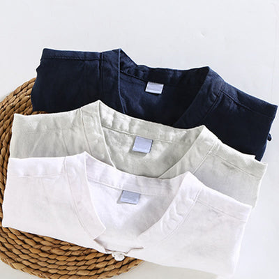Buddha Stones Summer Solid Design Men's Short Sleeve Linen Shirt - image 12