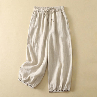 Buddha Stones Casual Retro Drawstring Embroidery Design Women's Cotton Linen 7-8 Length Pants With Pockets - Linen - US12，UK/AU16，EU44 (2XL) - image 1