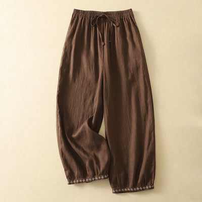 Buddha Stones Casual Retro Drawstring Embroidery Design Women's Cotton Linen 7-8 Length Pants With Pockets - SaddleBrown - US12，UK/AU16，EU44 (2XL) - image 14