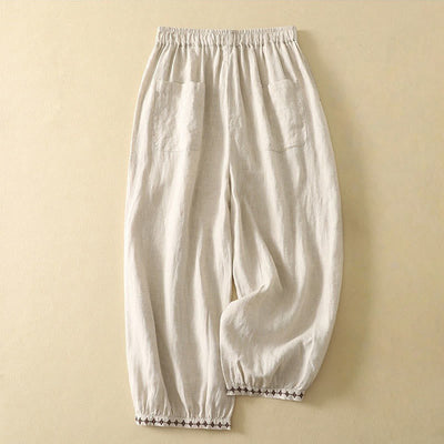 Buddha Stones Casual Retro Drawstring Embroidery Design Women's Cotton Linen 7-8 Length Pants With Pockets - image 2