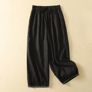 Foviel Casual Retro Drawstring Embroidery Design Women's 7-8 Length Pants With Pockets