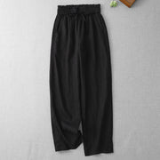 Foviel Casual High Waist Ruffled Drawstring Design Women's Wide Leg Cotton Pants With Pockets