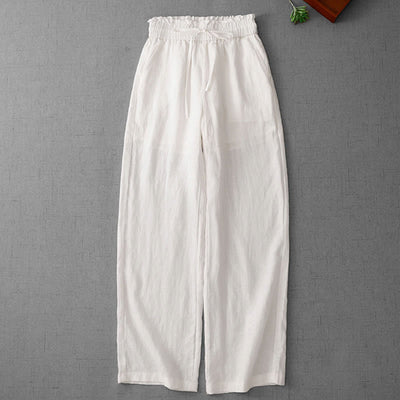 Buddha Stones Casual High Waist Ruffled Drawstring Design Women's Wide Leg Cotton Pants With Pockets - image 11