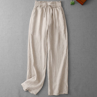 Buddha Stones Casual High Waist Ruffled Drawstring Design Women's Wide Leg Cotton Pants With Pockets - image 1