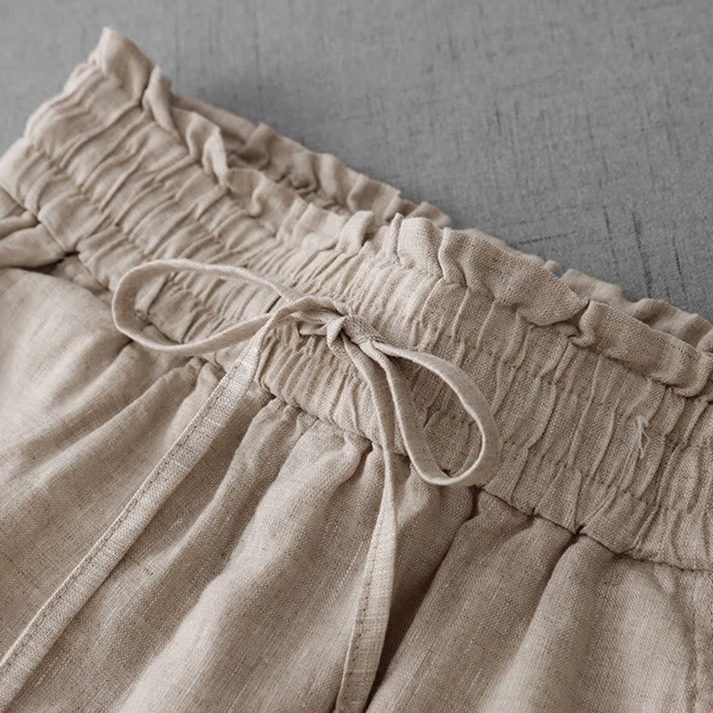 Buddha Stones Casual High Waist Ruffled Drawstring Design Women's Wide Leg Cotton Pants With Pockets - image 3