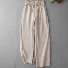 Buddha Stones Casual High Waist Ruffled Drawstring Design Women's Wide Leg Cotton Pants With Pockets - Linen - US12，UK/AU16，EU44 (2XL) - image 0