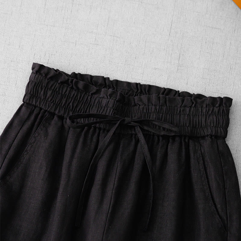 Buddha Stones Casual High Waist Ruffled Drawstring Design Women's Wide Leg Cotton Pants With Pockets - image 18