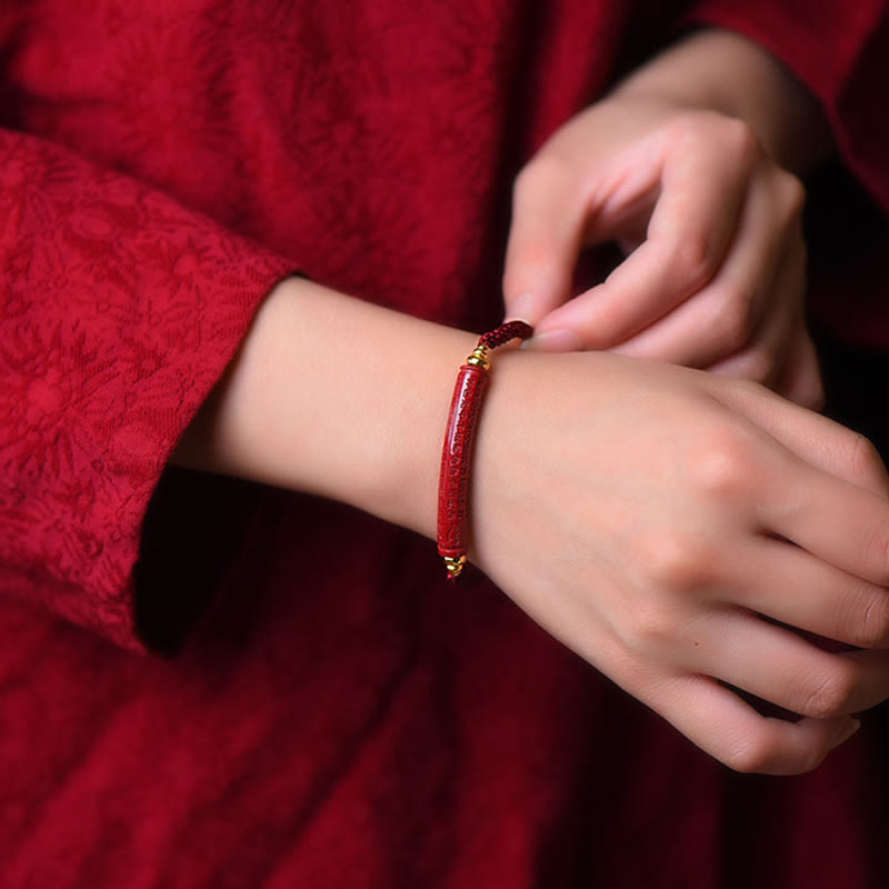 Buddha Stones Handmade Cinnabar Om Mani Padme Hum Heart Sutra Blessing Braided Bracelet - image 2