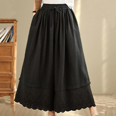 Buddha Stones Spring Embroidery Lace Hem Patchwork Drawstring Design Women's Wide Leg Cotton Pants With Pockets - image 11