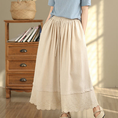 Buddha Stones Spring Embroidery Lace Hem Patchwork Drawstring Design Women's Wide Leg Cotton Pants With Pockets - image 3