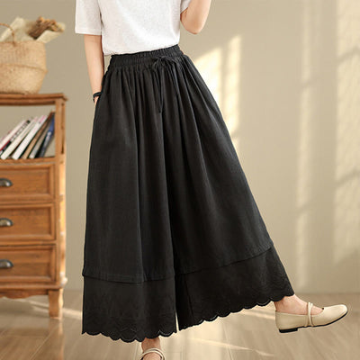Buddha Stones Spring Embroidery Lace Hem Patchwork Drawstring Design Women's Wide Leg Cotton Pants With Pockets - Black - US8-10，UK/AU12-14，EU40-42 (2XL) - image 9