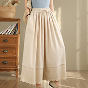 Foviel Frühling Stickerei Schnürsee Saum Patchwork Tunnelzug Design Damen weites Bein Baumwolle Hose mit Taschen