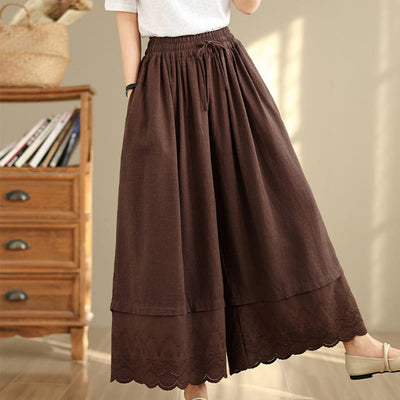 Buddha Stones Spring Embroidery Lace Hem Patchwork Drawstring Design Women's Wide Leg Cotton Pants With Pockets - image 15