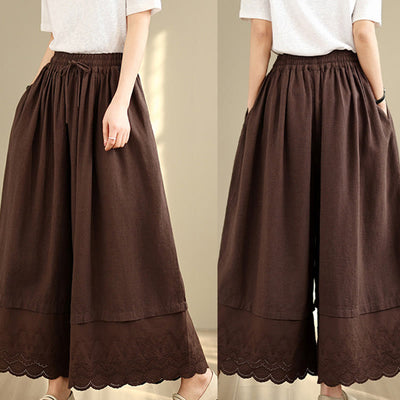 Buddha Stones Spring Embroidery Lace Hem Patchwork Drawstring Design Women's Wide Leg Cotton Pants With Pockets - image 17
