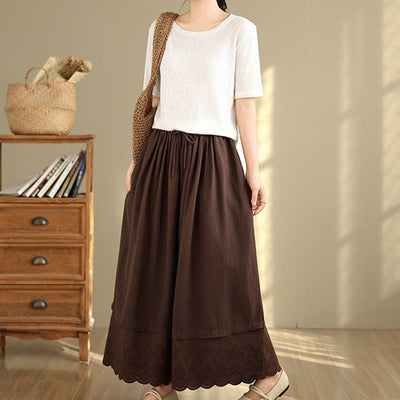Buddha Stones Spring Embroidery Lace Hem Patchwork Drawstring Design Women's Wide Leg Cotton Pants With Pockets - image 16