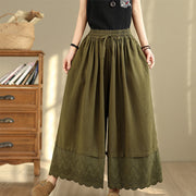 Foviel Spring Embroidery Lace Hem Patchwork Drawstring Design Women's Wide Leg Cotton Pants With Pockets