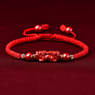 Buddha Stones Handcrafted Pixiu Cinnabar Ruyi Stick Wealth Luck Braided Bracelet - Cinnabar PiXiu(Wrist Circumference: 14-19cm) - image 1