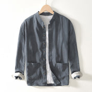 Foviel Solid Color Men's Buttons Long Sleeve Cotton Linen Shirt With Pockets