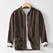 Foviel Solid Color Men's Buttons Long Sleeve Cotton Linen Shirt With Pockets