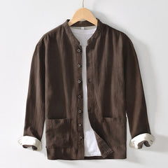 Buddha Stones Solid Color Men's Buttons Long Sleeve Cotton Linen Shirt With Pockets - SaddleBrown - US/UK/AU42，EU52 (3XL) - image 0