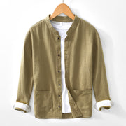 Foviel Solid Color Men's Buttons Long Sleeve Cotton Linen Shirt With Pockets
