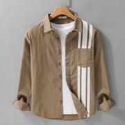 Foviel Fall Lapel Color Contrast Patchwork Design Men's Long Sleeve Cotton Shirt With Pocket