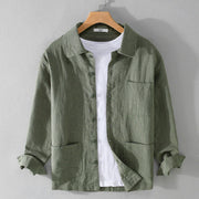 Foviel Commute Fall Solid Color Lapel Men's Long Sleeve Cotton Linen Shirt With Pocket