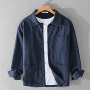 Foviel Commute Fall Solid Color Lapel Men's Long Sleeve Cotton Linen Shirt With Pocket
