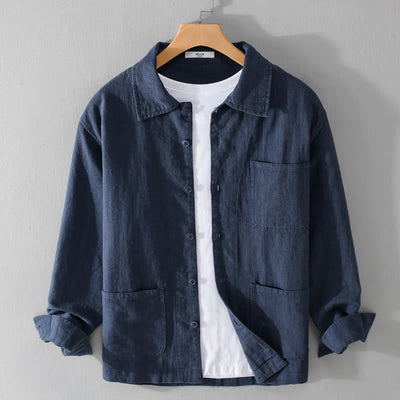 Buddha Stones Commute Fall Solid Color Lapel Men's Long Sleeve Cotton Linen Shirt With Pocket - MidnightBlue - US/UK/AU42，EU52 (3XL) - image 14