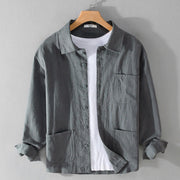 Foviel Commute Fall Solid Color Lapel Men's Long Sleeve Cotton Linen Shirt With Pocket
