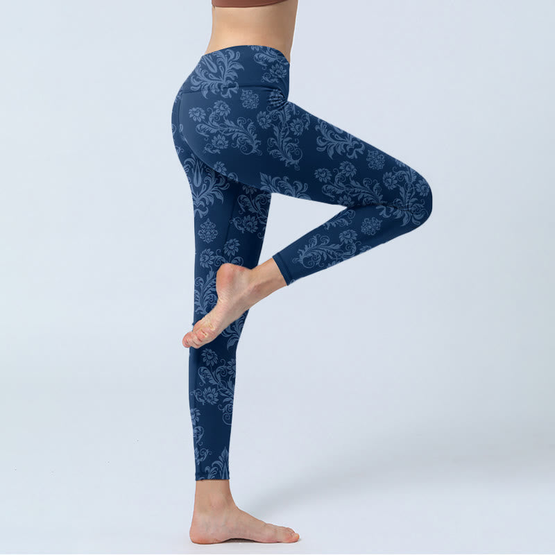 Buddha Stones Blue Floral Leaf Print Gym Leggings Women's Yoga Pants - image 4