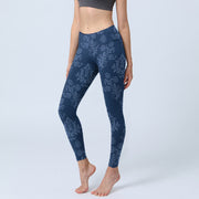 Foviel Blue Floral Leaf Print Gym Leggings Women's Yoga Pants