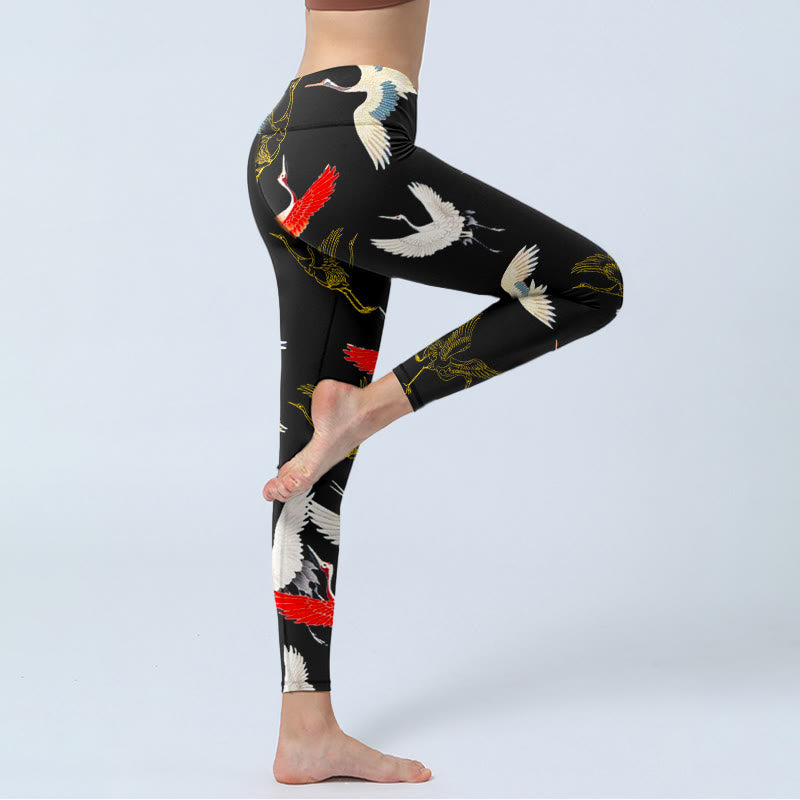 Buddha Stones White Red Gold Cranes Print Gym Leggings Women's Yoga Pants - image 4