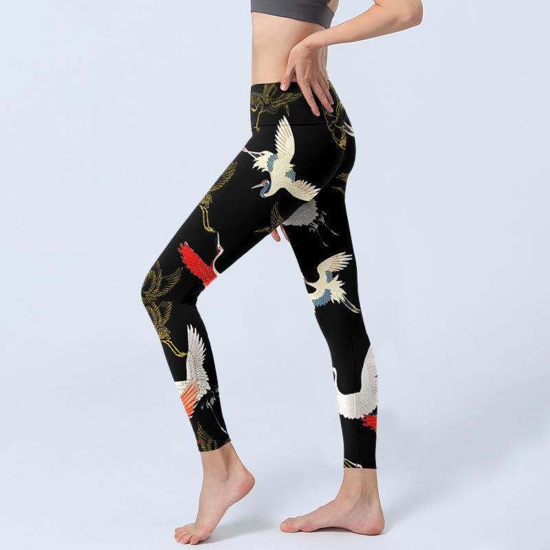 Buddha Stones White Red Gold Cranes Print Gym Leggings Women's Yoga Pants - image 3