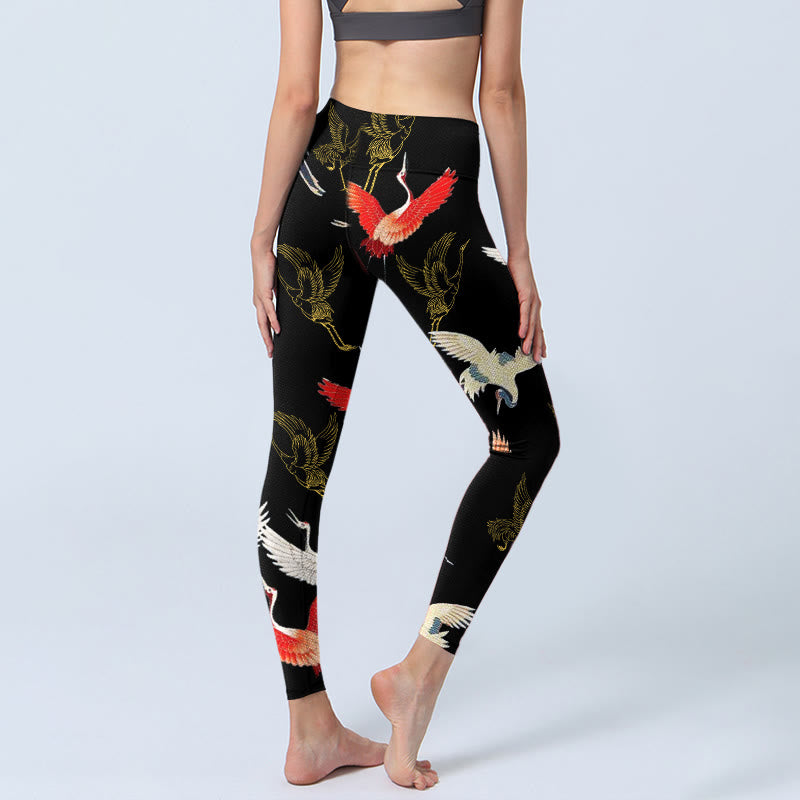 Buddha Stones White Red Gold Cranes Print Gym Leggings Women's Yoga Pants - image 5