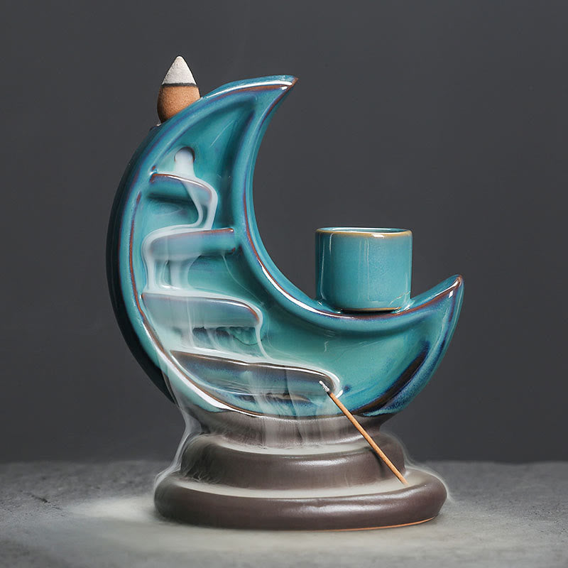 Buddha Stones Blue Crescent Moon Ceramic Backflow Smoke Fountain Meditation Candlestick Incense Burner Decoration - Crescent Moon 12.2*7.6*14.8cm - image 1