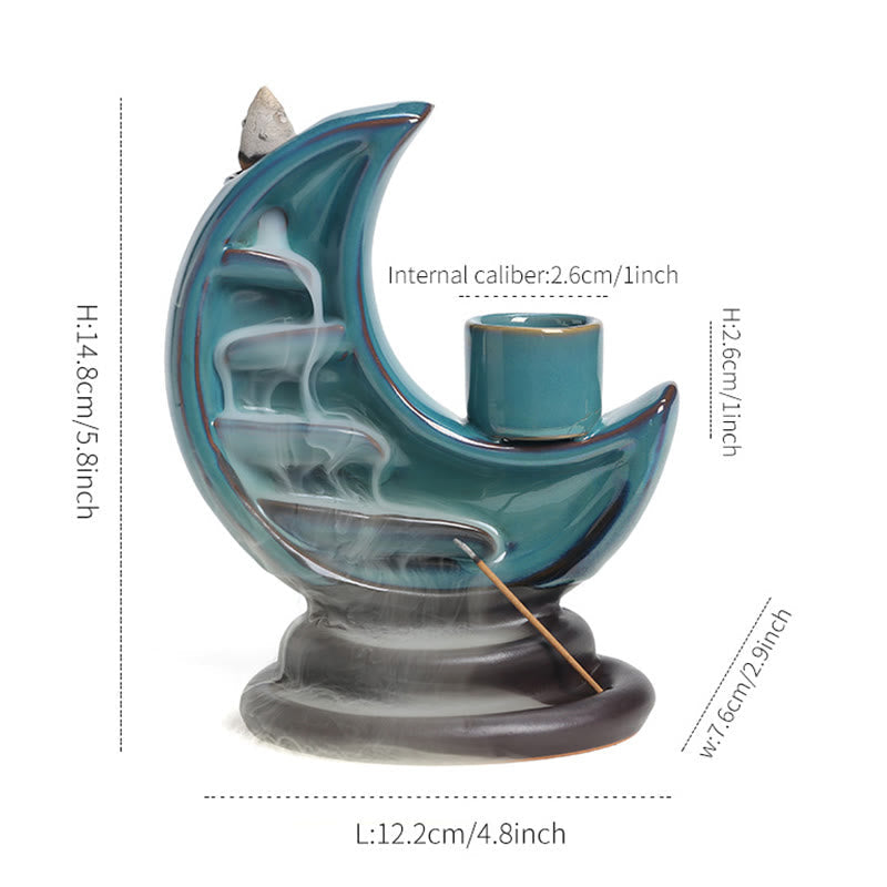 Buddha Stones Blue Crescent Moon Ceramic Backflow Smoke Fountain Meditation Candlestick Incense Burner Decoration - image 6