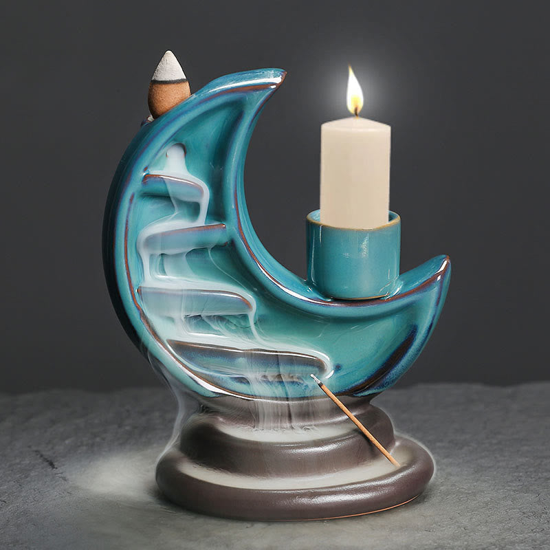 Buddha Stones Blue Crescent Moon Ceramic Backflow Smoke Fountain Meditation Candlestick Incense Burner Decoration - image 8