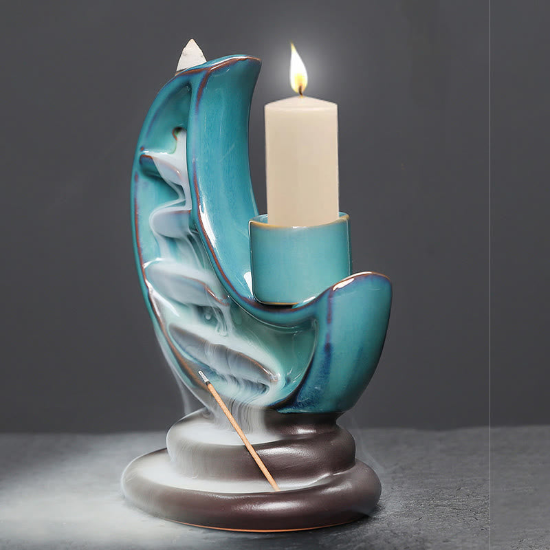 Buddha Stones Blue Crescent Moon Ceramic Backflow Smoke Fountain Meditation Candlestick Incense Burner Decoration - image 5