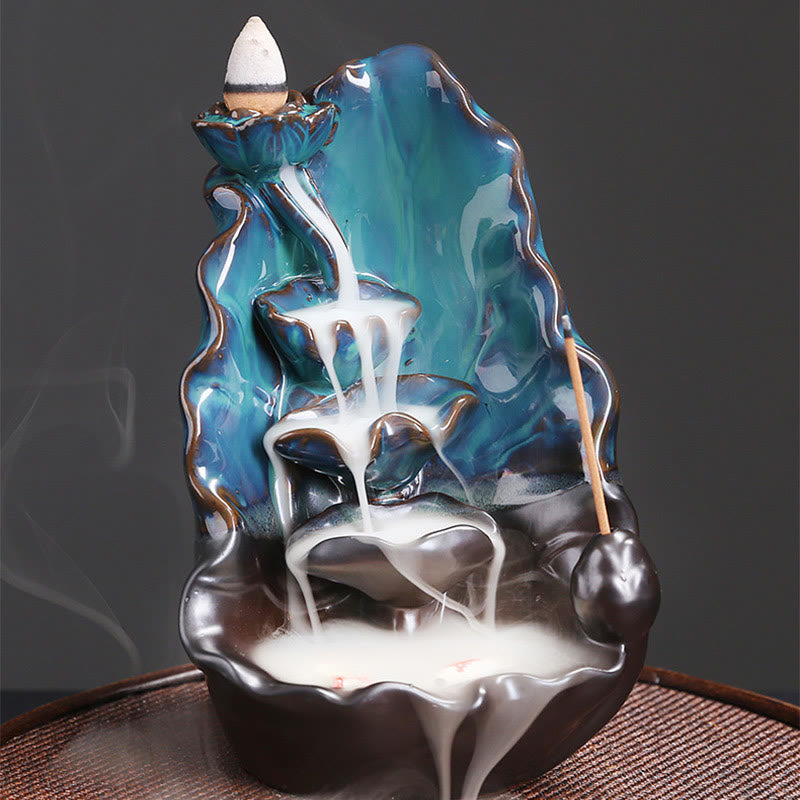 Buddha Stones Blue Lotus Leaf Ceramic Backflow Smoke Fountain Spiritual Incense Burner Decoration - image 5